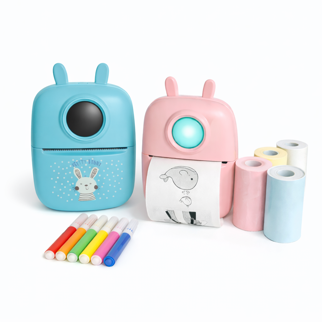 Mini Thermal Printer with Coloring Pens, Label Printing & Sticker Paper – Pocket Printer (Pink / Blue)
